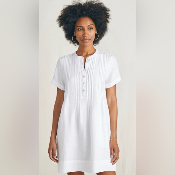 EUC Faherty Gemina Dress, size large, Vallerta stripe (beige/tan) 100% linen